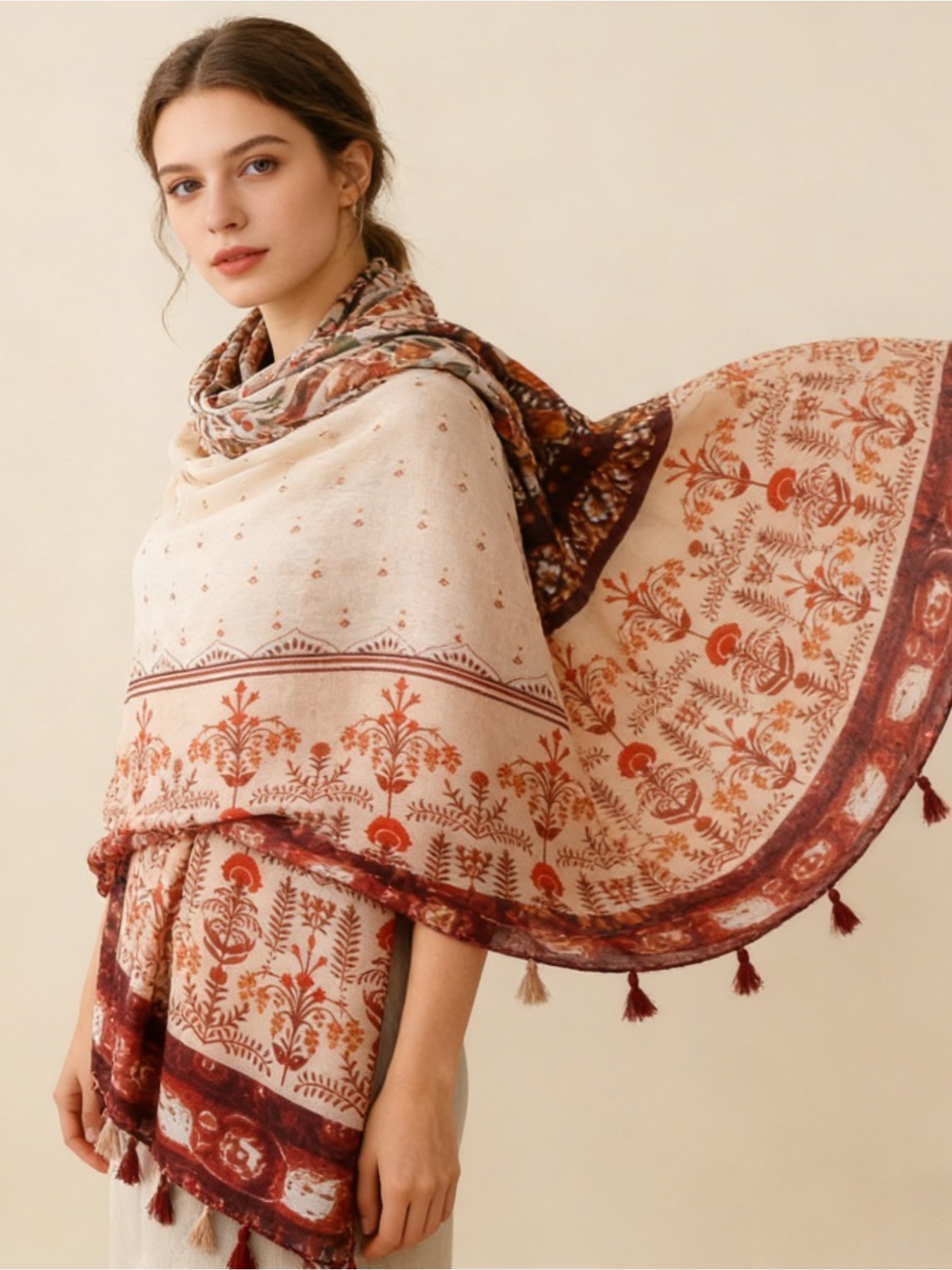 Go Ethnic Fashion - 1Pc Syal sutra motif bunga gaya
