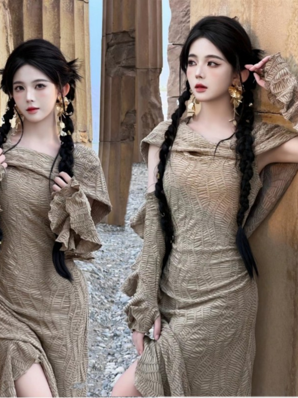 Ethnic Fashion Dress - Gaun Panjang Bertema Gurun untuk Wanita,