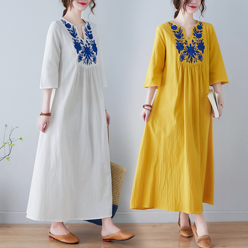 Ethnic Fashion Dress - Gaun Midi Katun Linen Bordir Gaya