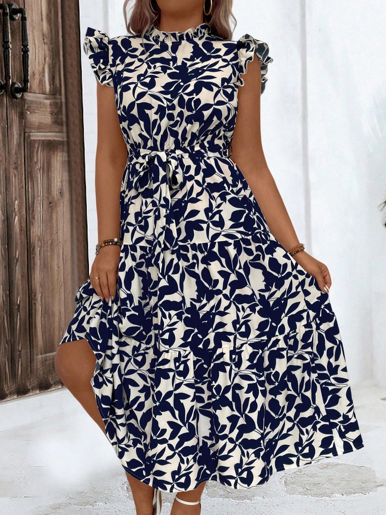 Ethnic Fashion Dress - Gaun Ruffle Berikat Ruched Motif Bunga