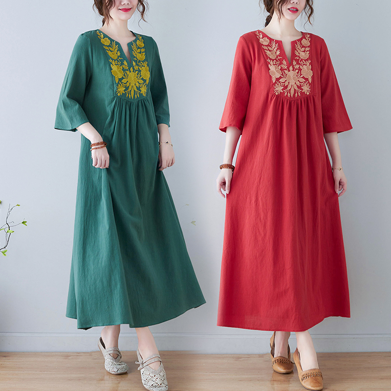 Gaun Midi Katun Linen Bordir G - Ethnic Fashion Dress ulasan dan harga
