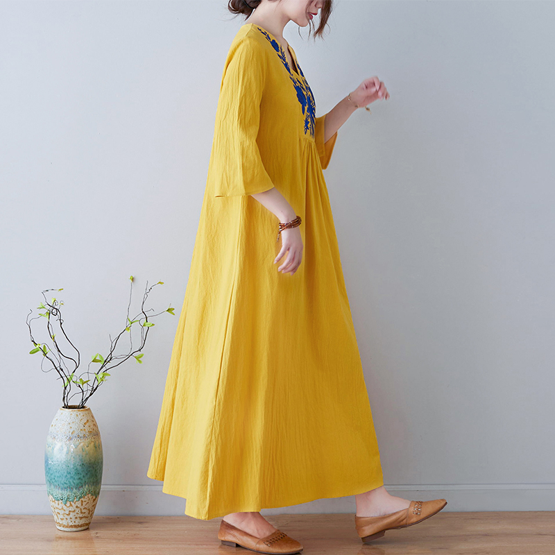 Gaun Midi Katun Linen Bordir G - Ethnic Fashion Dress ulasan dan harga