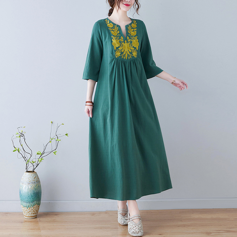Gaun Midi Katun Linen Bordir G - Ethnic Fashion Dress ulasan dan harga